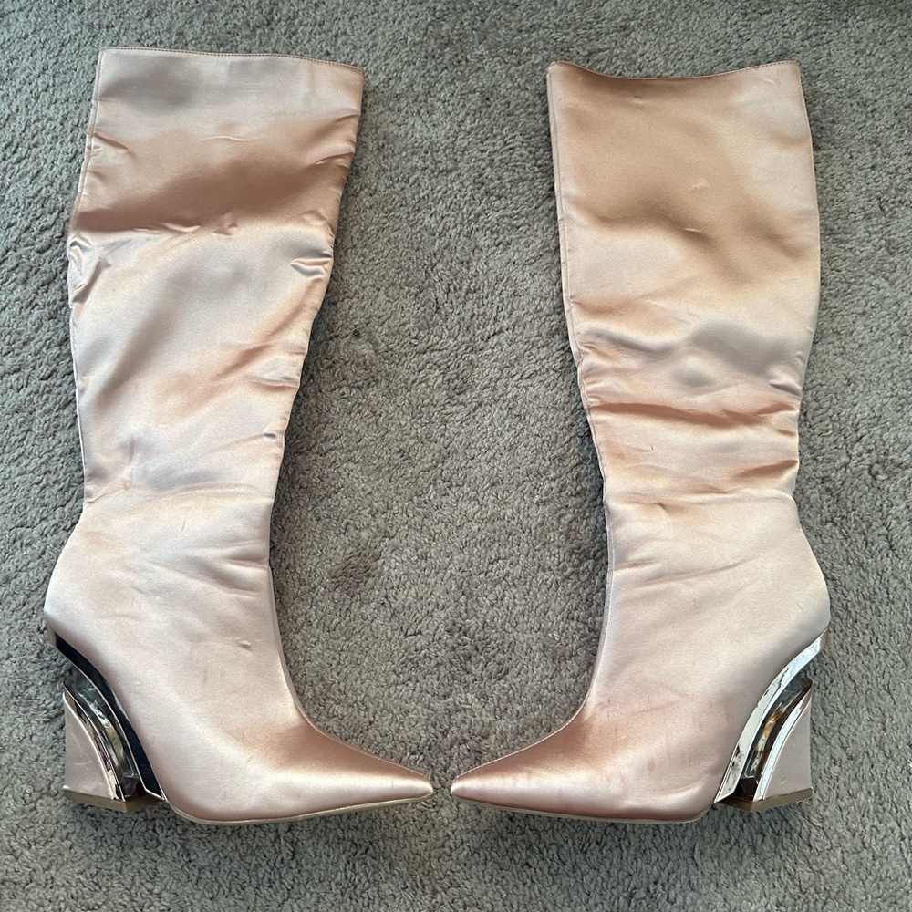 Ninety Union Pink Satin wedge knee high boots Size 10